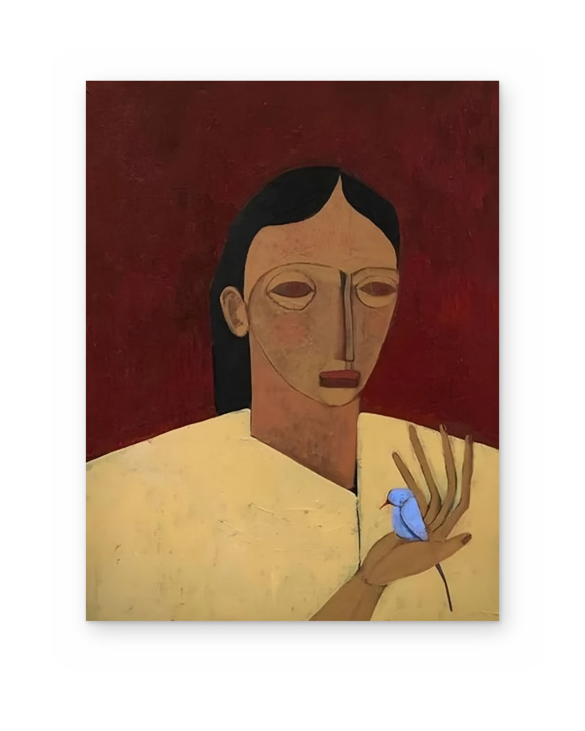 The Blue Bird, figurative abstract painting shown straight on