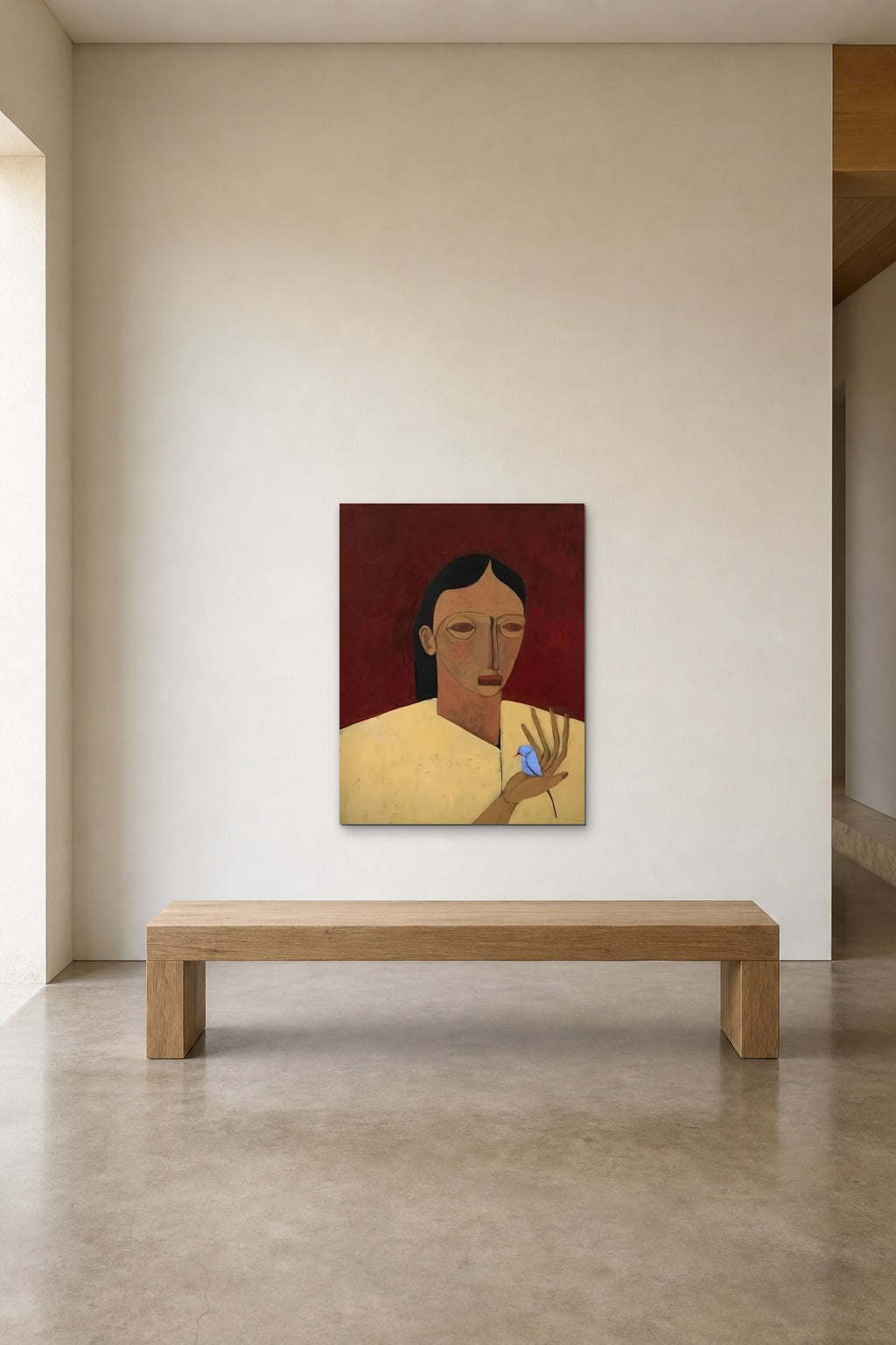 The Blue Bird shown at 70 × 100 cm above a 180 cm oak bench