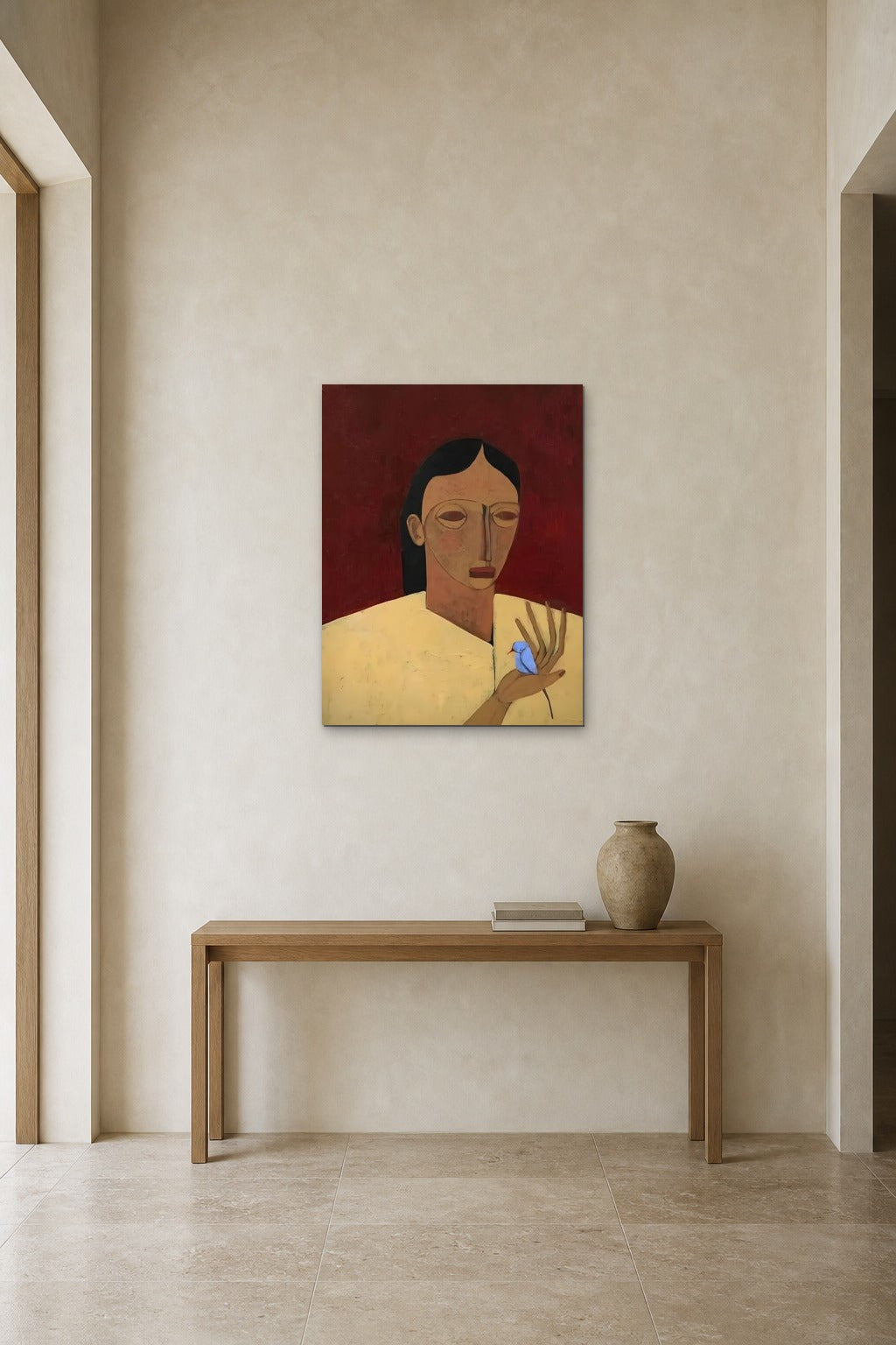 The Blue Bird shown at 70 × 100 cm above a 140 cm oak console