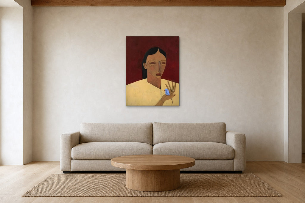 The Blue Bird shown at 70 × 100 cm above a 240 cm linen sofa