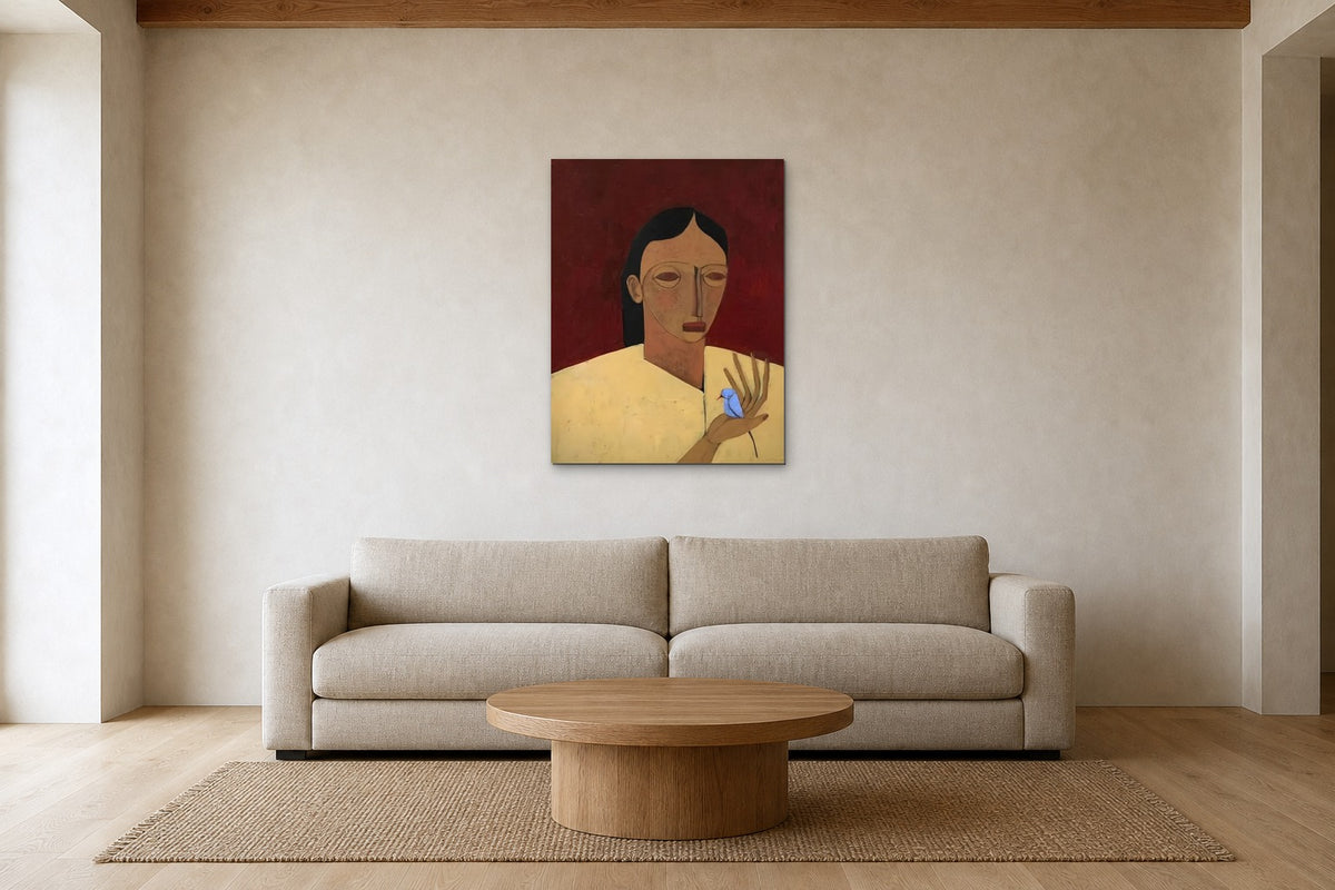 The Blue Bird shown at 70 × 100 cm above a 240 cm linen sofa