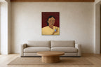 The Blue Bird shown at 70 × 100 cm above a 240 cm linen sofa