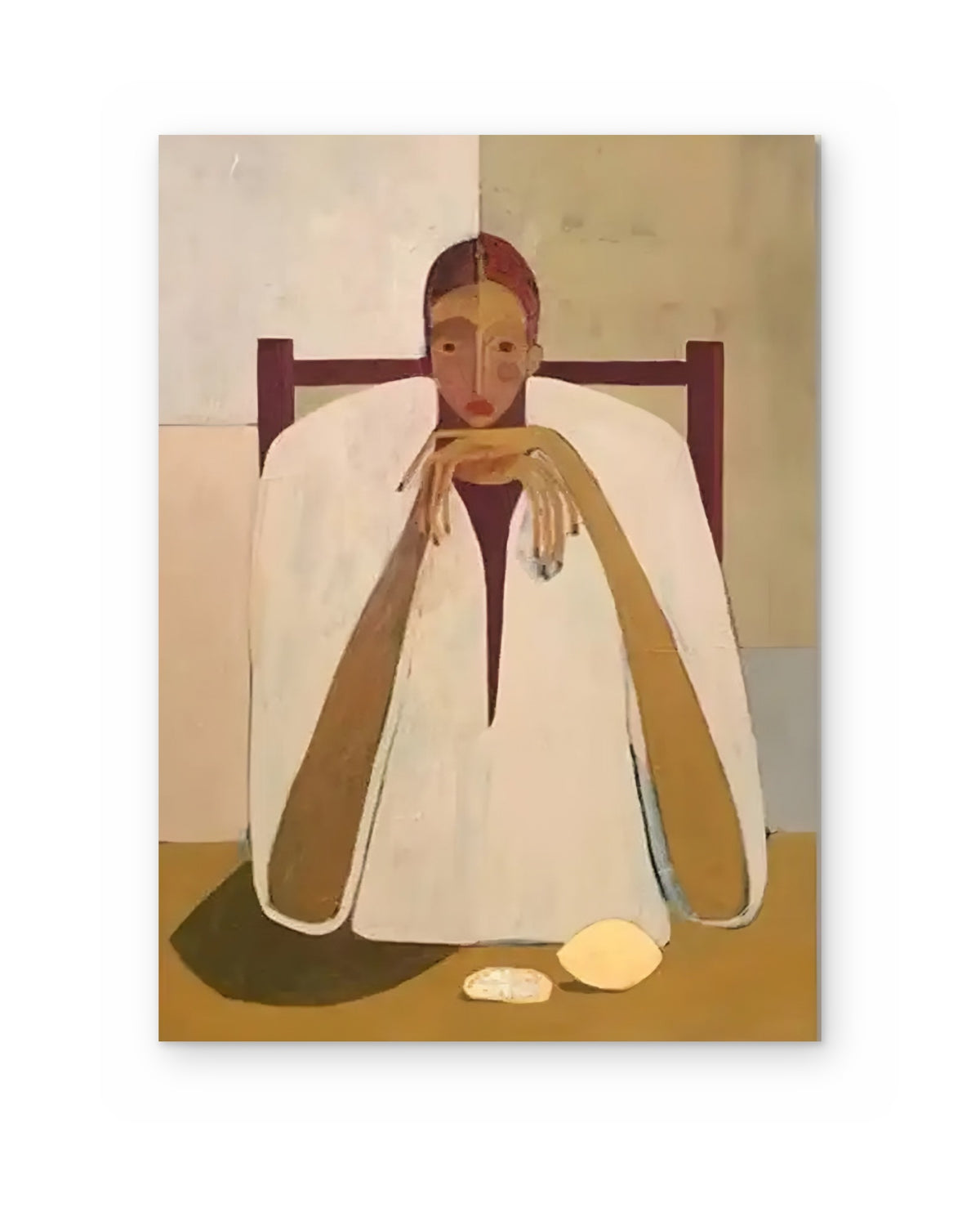 Woman at the Table, figurative abstract painting shown straight on