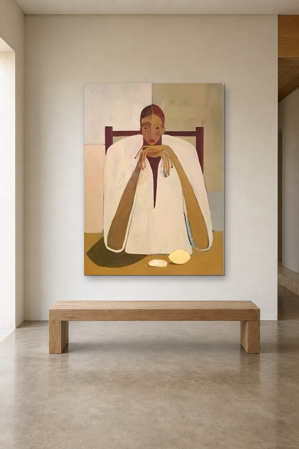 Woman at the Table shown at 120 × 180 cm above a 180 cm oak bench
