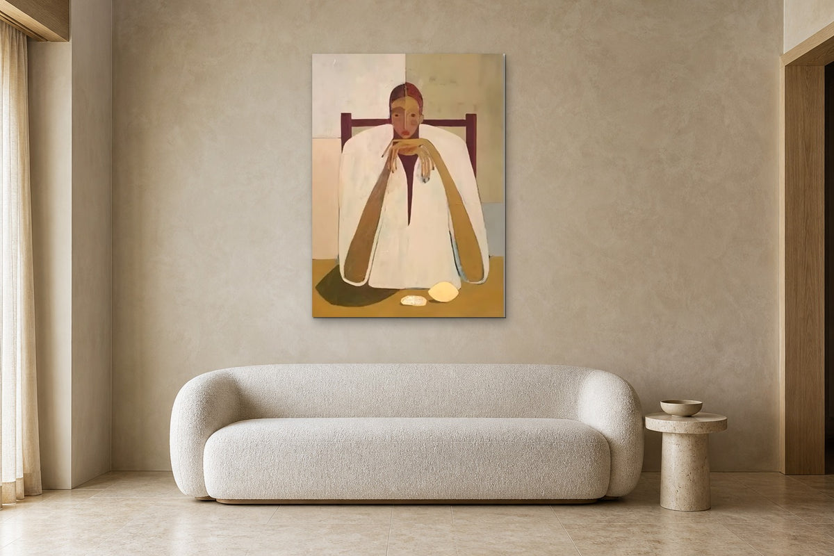 Woman at the Table shown at 90 × 130 cm above a 220 cm boucle sofa