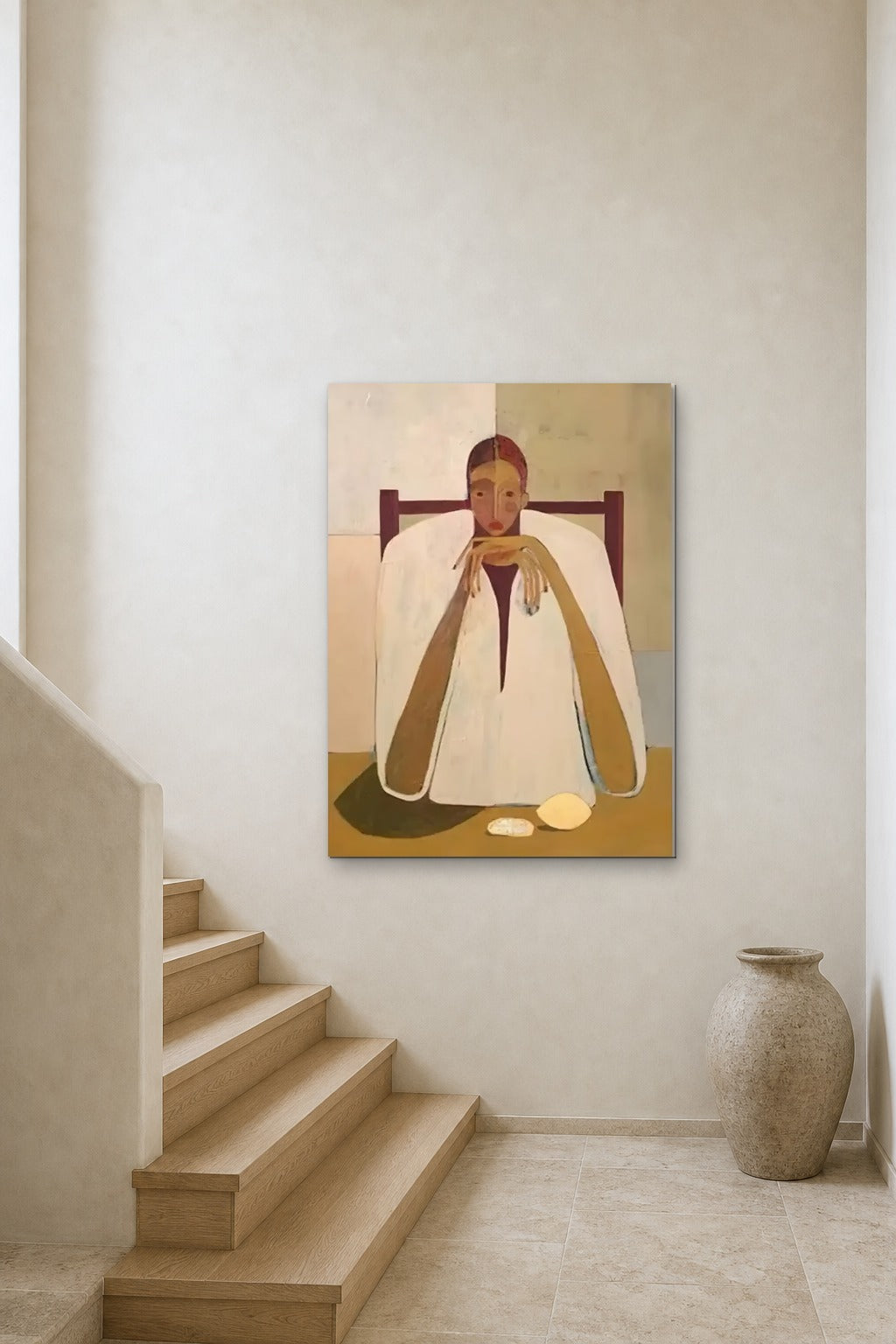 Woman at the Table shown at 90 × 130 cm above a stair landing