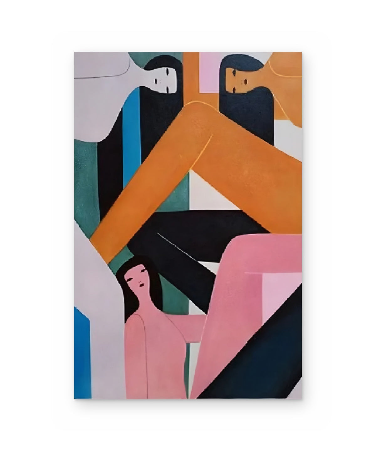 Three Figures, figurative abstract painting shown straight on