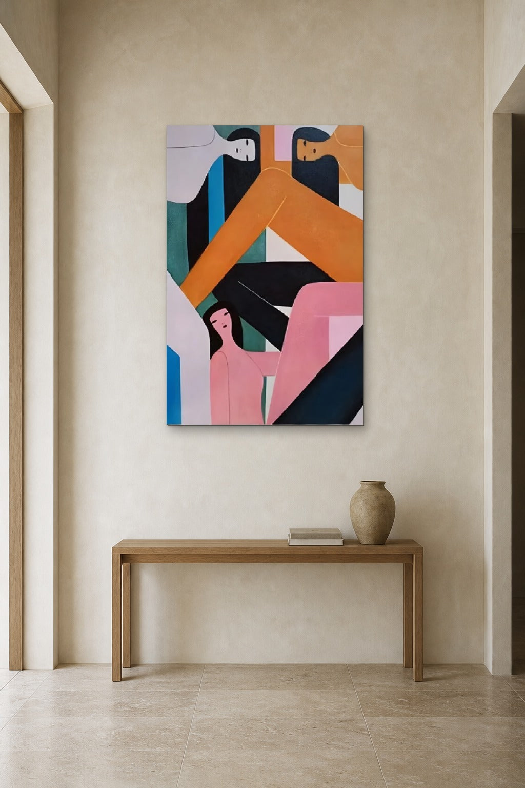 Three Figures shown at 90 × 130 cm above a 140 cm oak console
