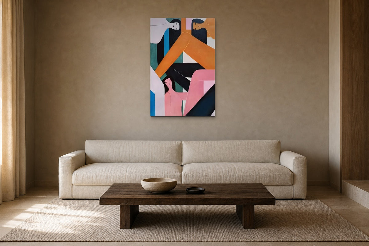 Three Figures shown at 60 × 90 cm above a 230 cm linen sofa