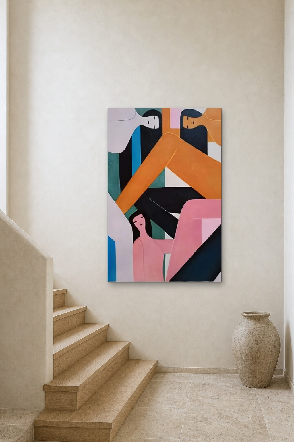 Three Figures shown at 90 × 130 cm above a stair landing