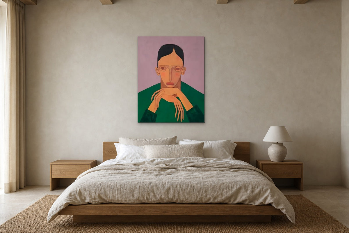 Portrait in Green shown about 90 cm wide above a 180 cm oak bed