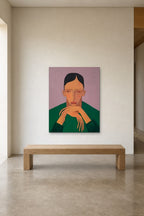 Portrait in Green shown about 90 cm wide above a 180 cm oak bench