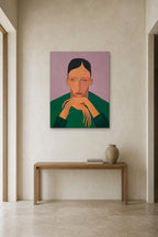 Portrait in Green shown about 90 cm wide above a 140 cm oak console