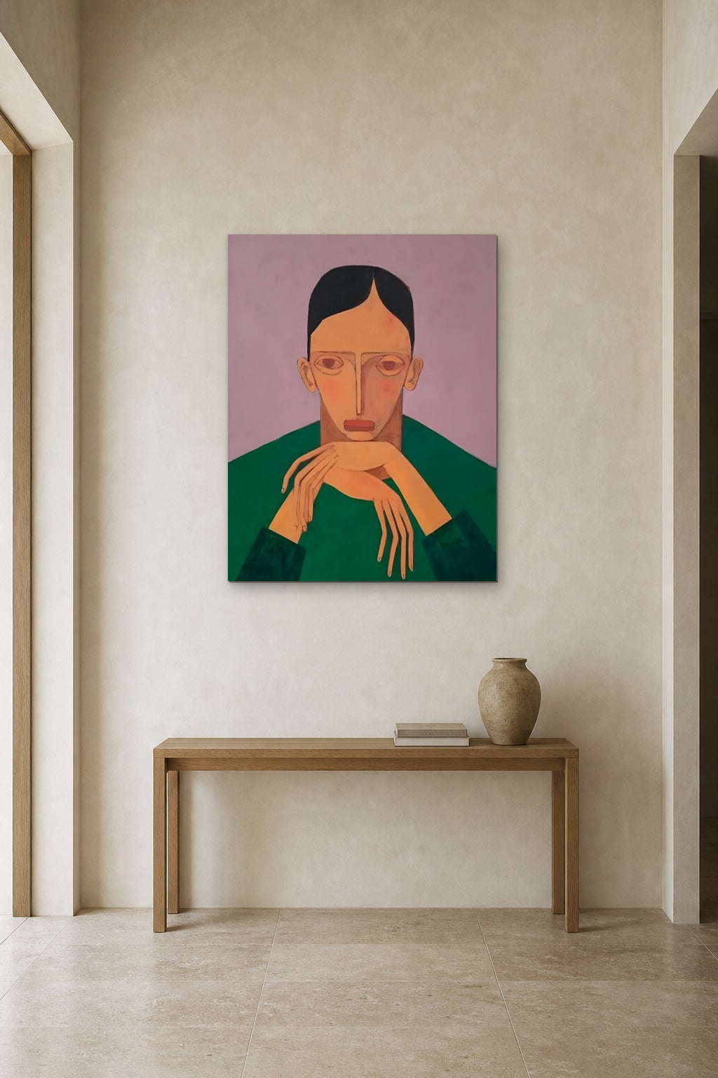Portrait in Green shown about 90 cm wide above a 140 cm oak console