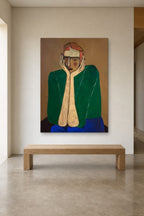 Thinking Man shown at 120 × 180 cm above a 180 cm oak bench
