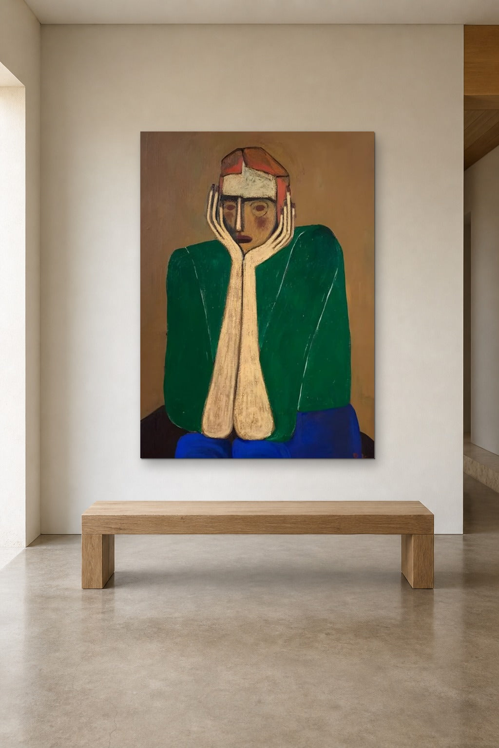 Thinking Man shown at 120 × 180 cm above a 180 cm oak bench