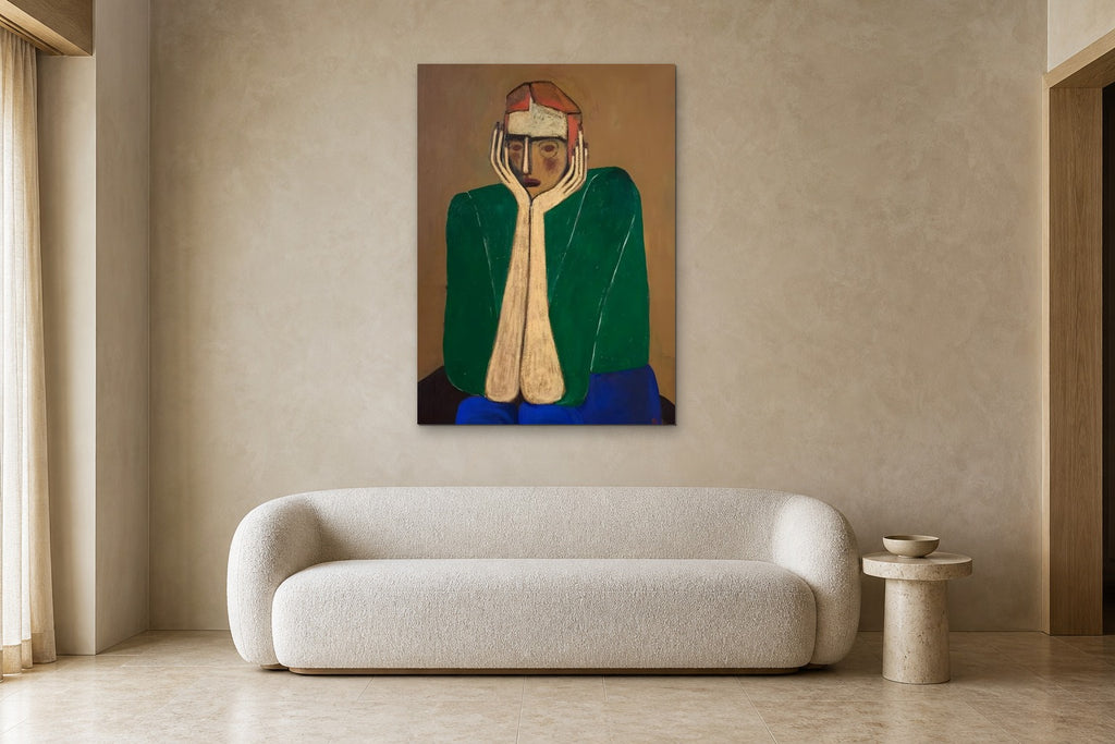 Thinking Man shown at 90 × 130 cm above a 220 cm boucle sofa