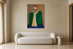 Thinking Man shown at 90 × 130 cm above a 220 cm boucle sofa
