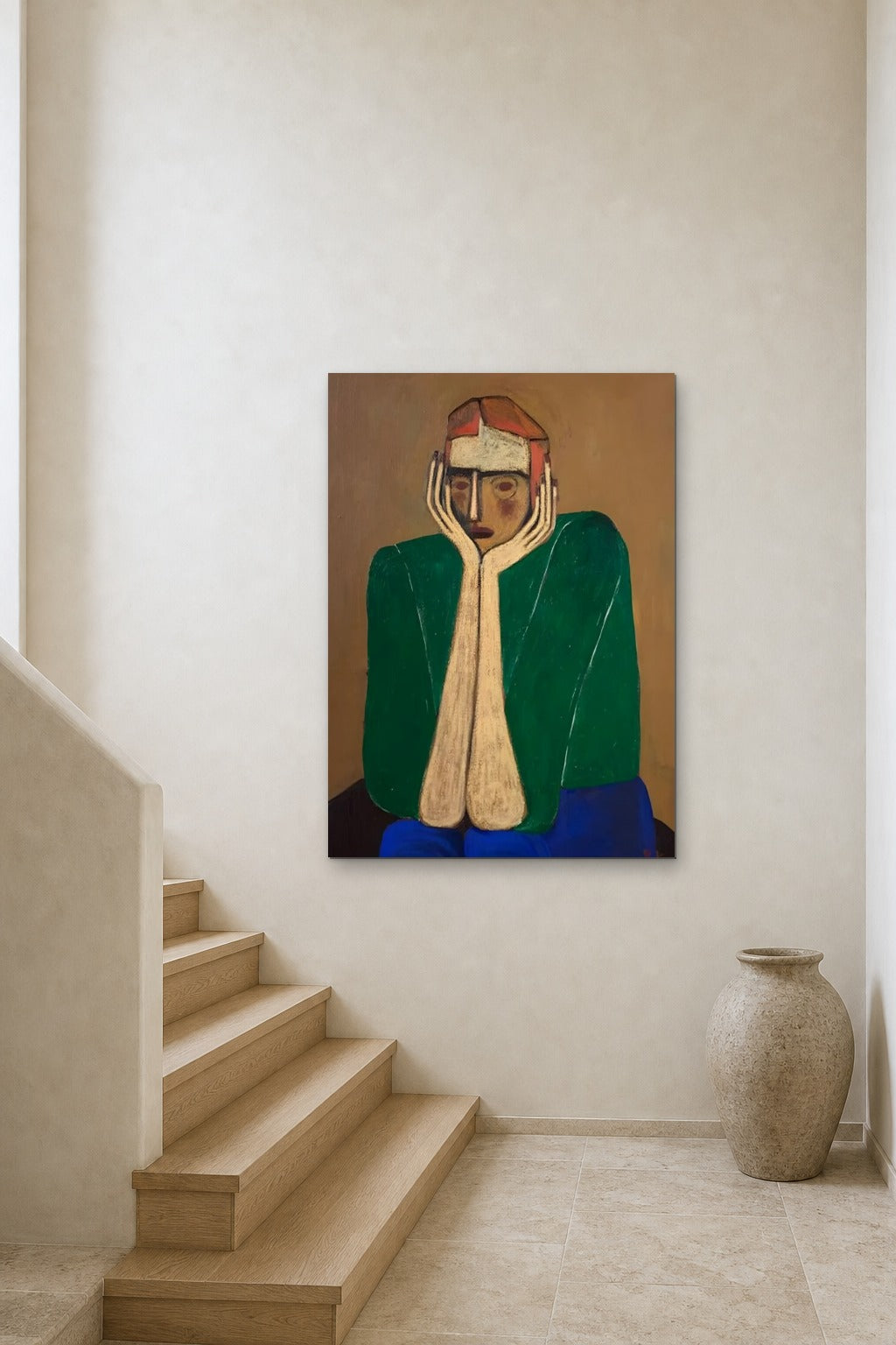 Thinking Man shown at 90 × 130 cm above a stair landing