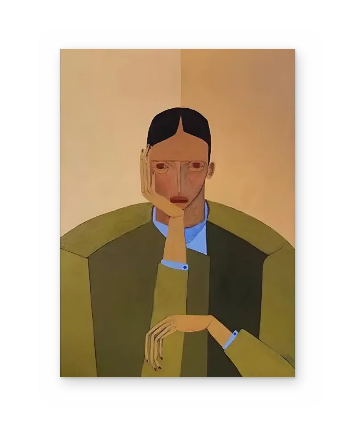 Man in an Olive Armchair, figurative abstract painting shown straight on