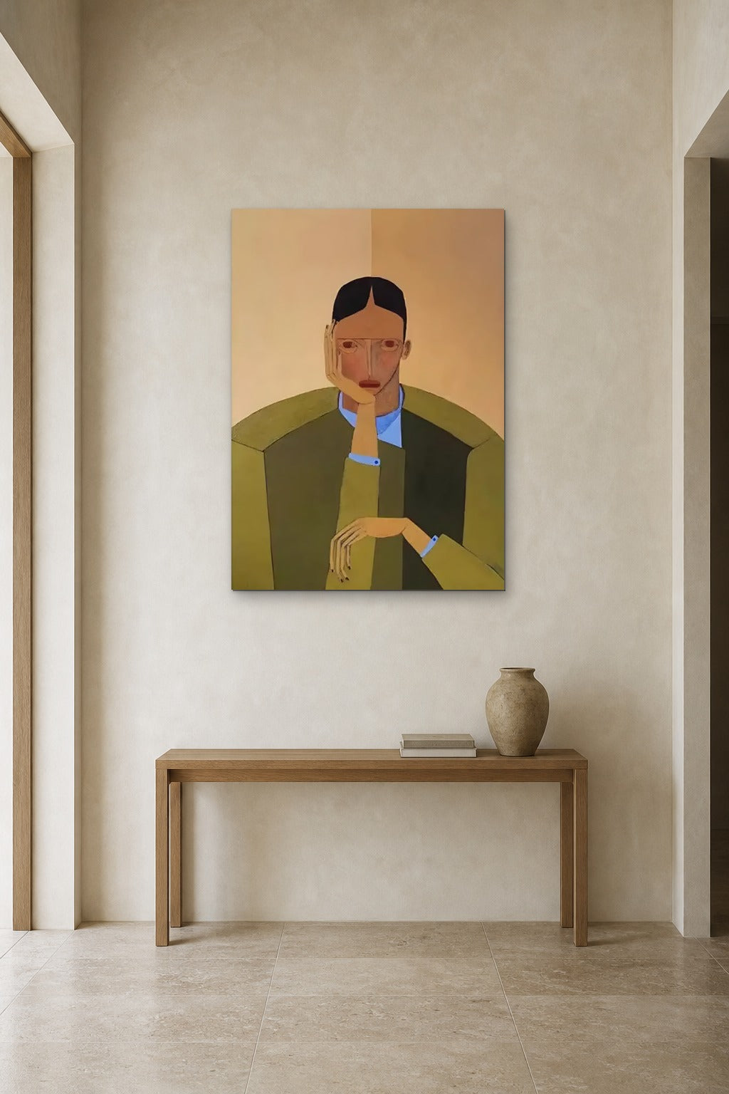 Man in an Olive Armchair shown at 90 × 130 cm above a 140 cm oak console