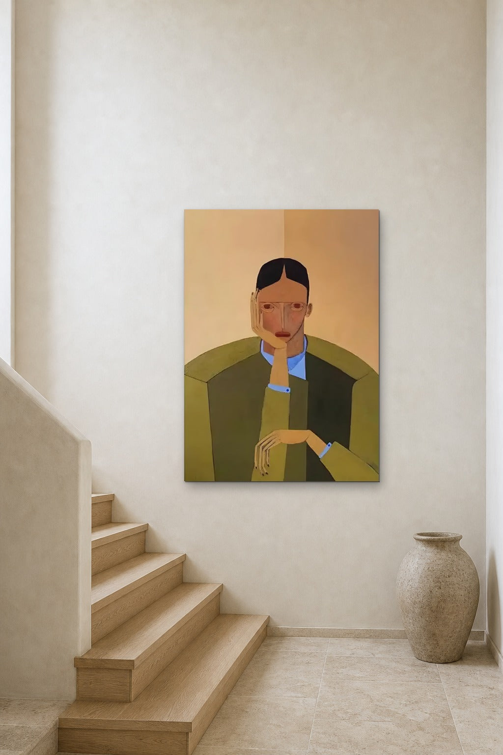 Man in an Olive Armchair shown at 90 × 130 cm above a stair landing