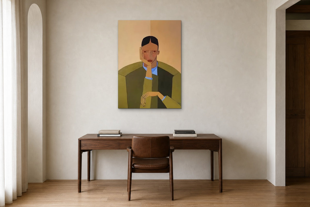 Man in an Olive Armchair shown at 70 × 100 cm above a 160 cm walnut desk