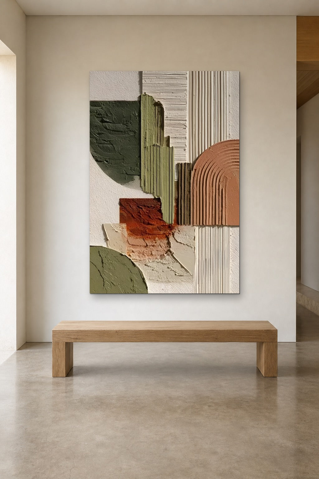 Terracotta Arches shown at 120 × 180 cm above a 180 cm oak bench