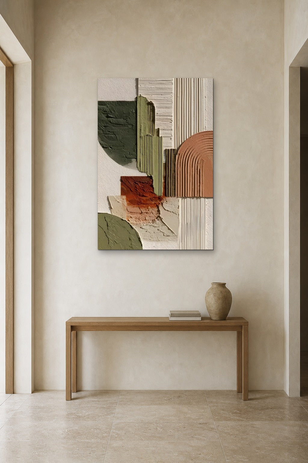 Terracotta Arches shown at 90 × 130 cm above a 140 cm oak console