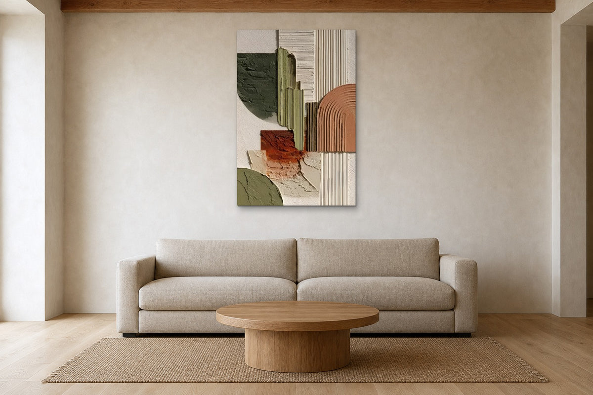 Terracotta Arches shown at 80 × 120 cm above a 240 cm linen sofa