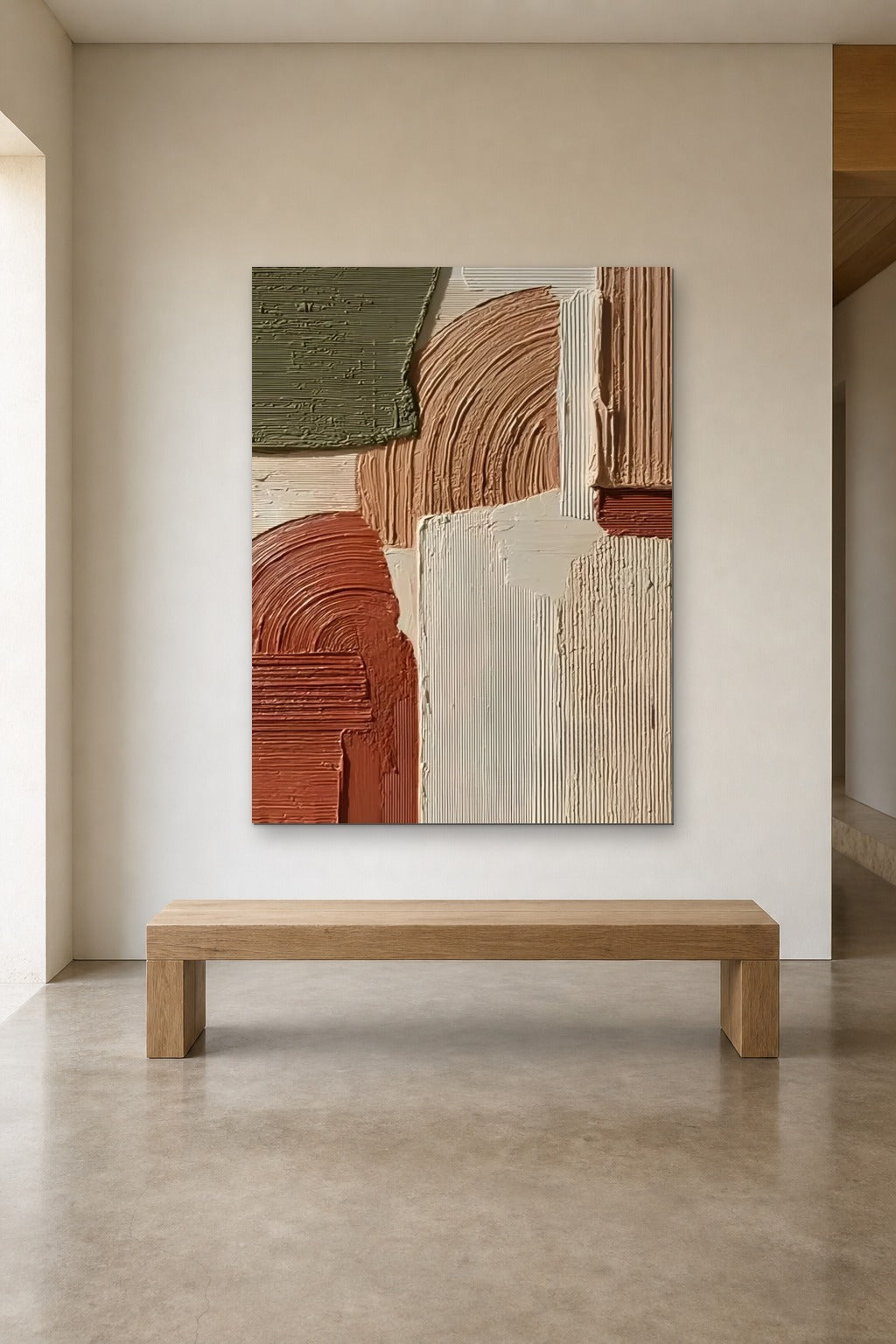 Clay and Moss shown at 120 × 160 cm above a 180 cm oak bench