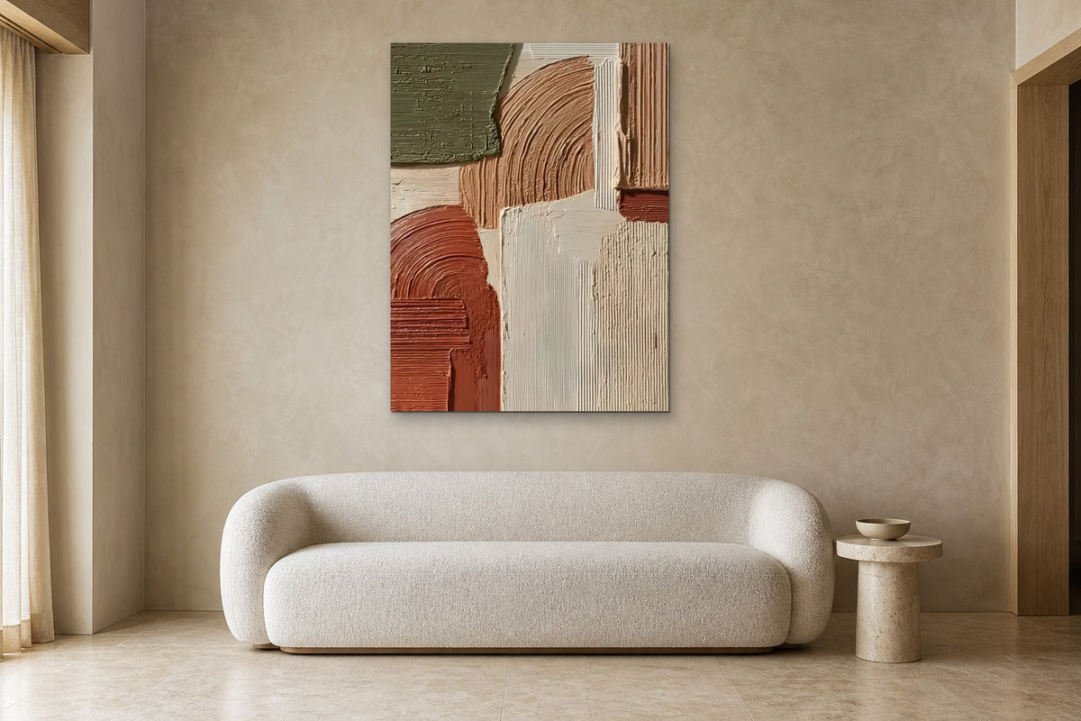 Clay and Moss shown at 100 × 140 cm above a 220 cm boucle sofa