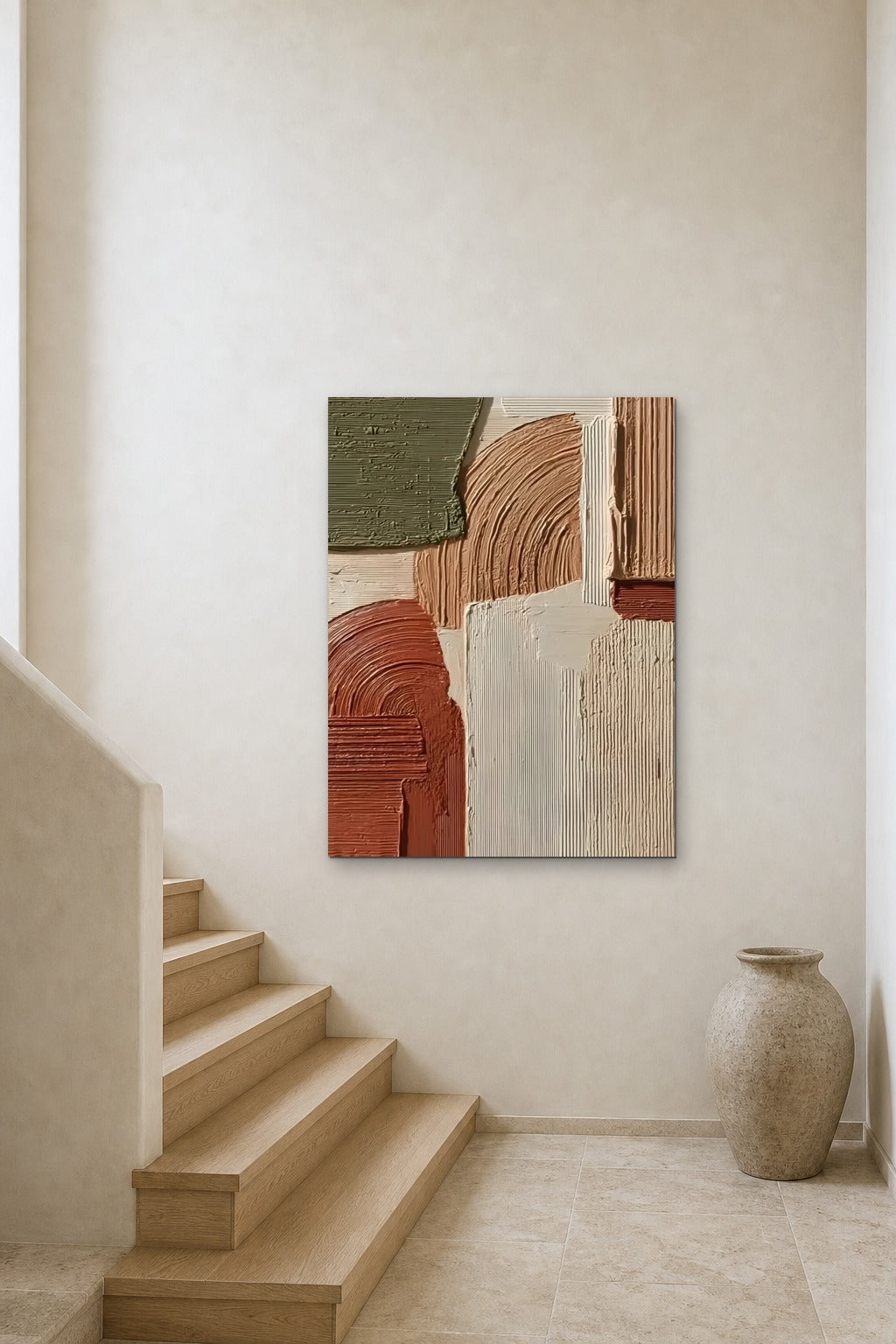 Clay and Moss shown at 90 × 120 cm above a stair landing