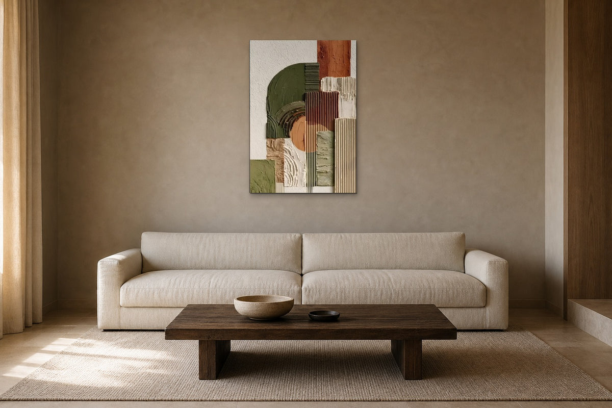 Garden Wall shown at 60 × 80 cm above a 230 cm linen sofa