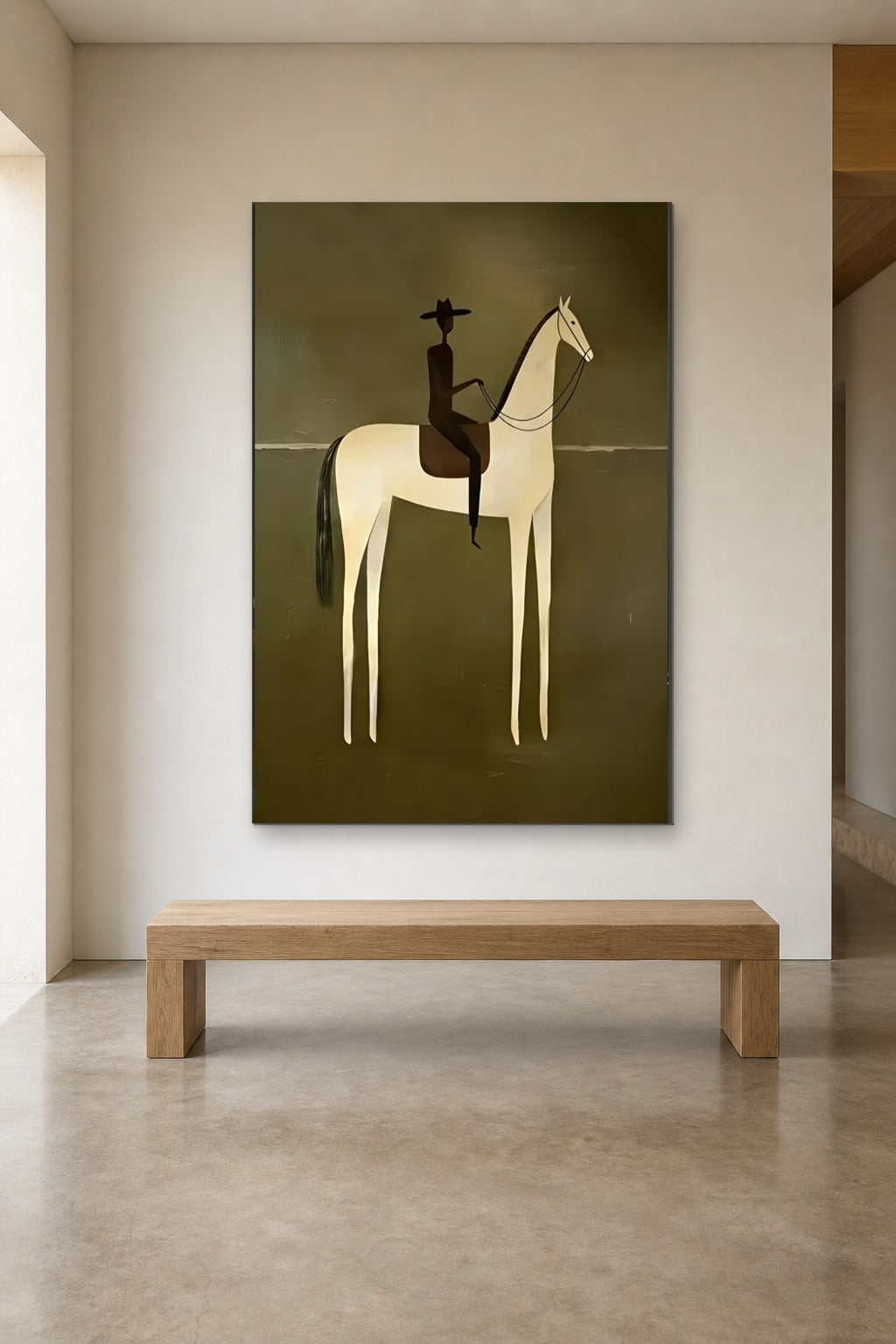 Rider on a White Horse shown at 120 × 160 cm above a 180 cm oak bench