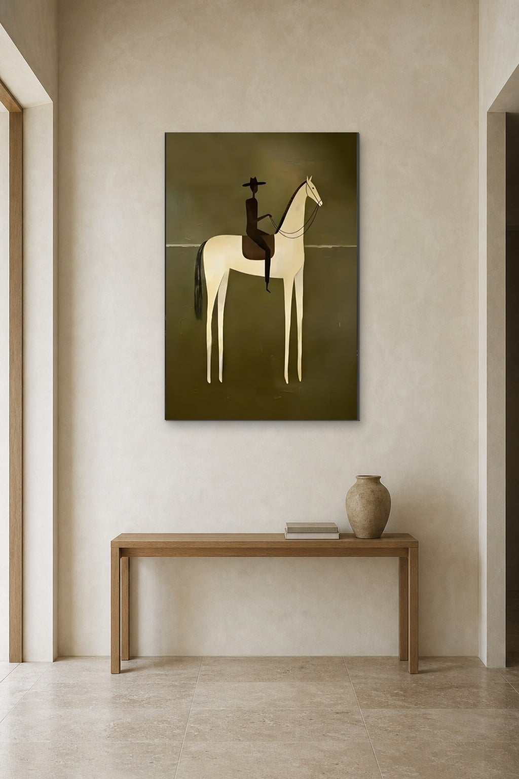 Rider on a White Horse shown at 90 × 140 cm above a 140 cm oak console