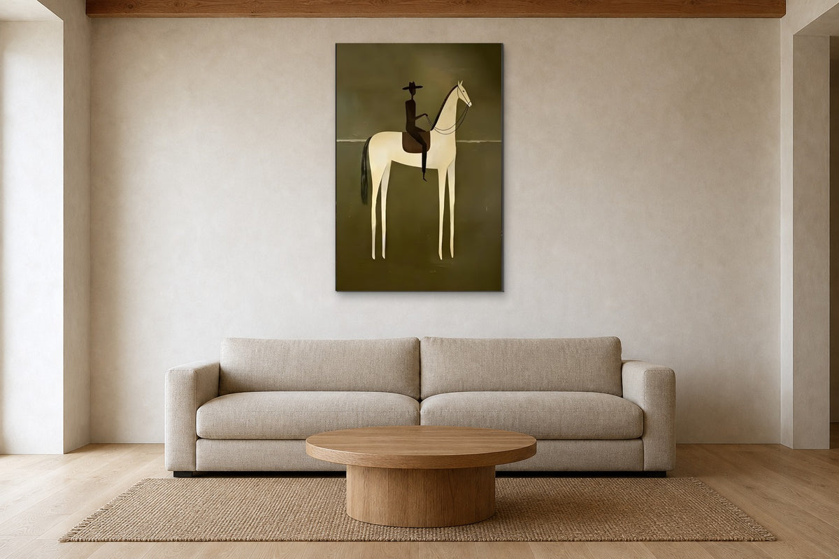 Rider on a White Horse shown at 80 × 120 cm above a 240 cm linen sofa