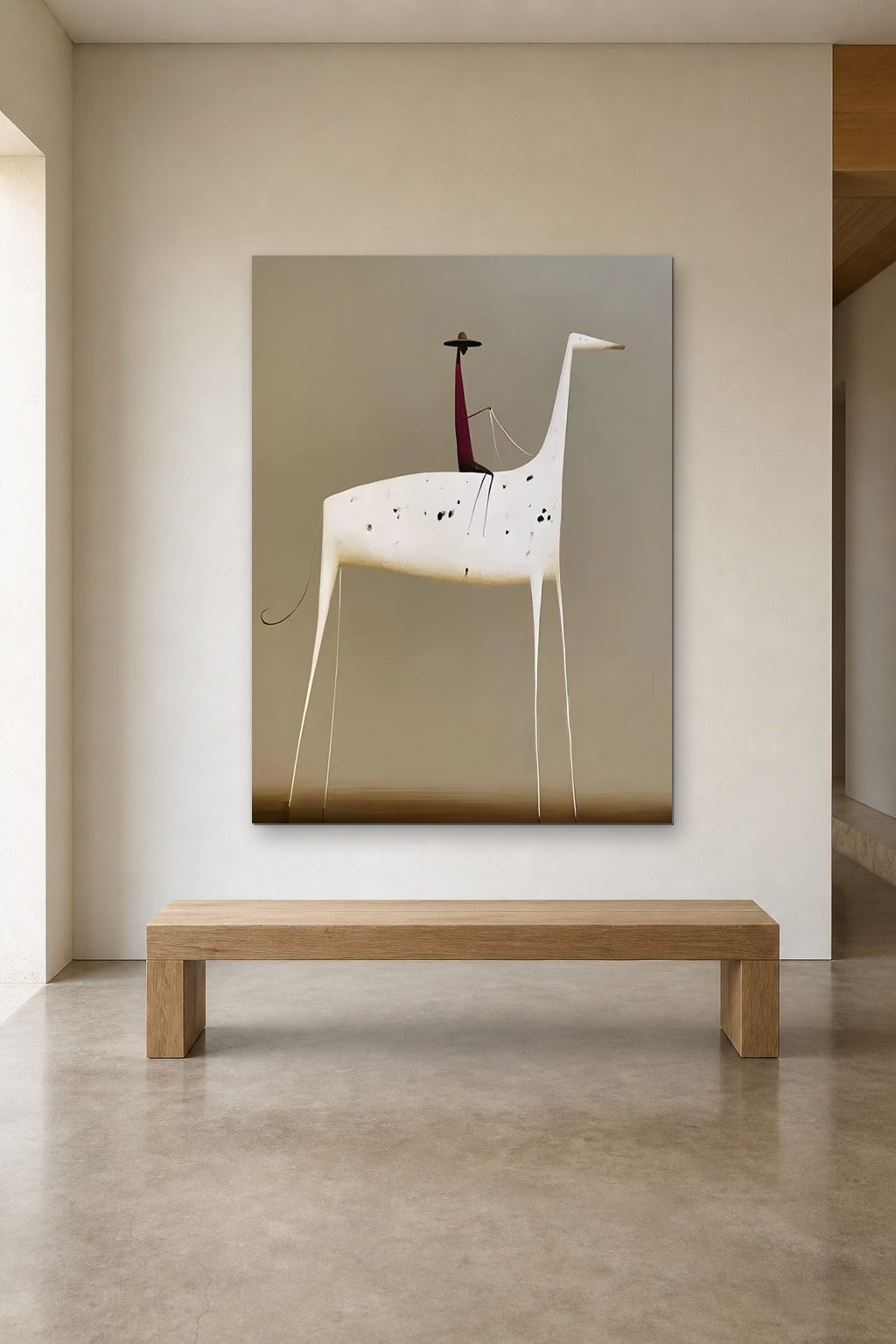 The Spotted Horse shown at 120 × 160 cm above a 180 cm oak bench