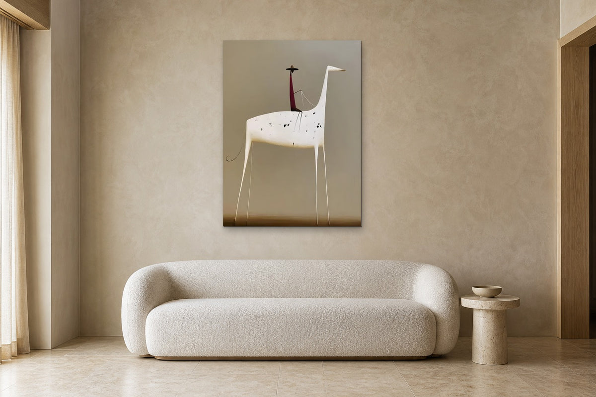 The Spotted Horse shown at 90 × 130 cm above a 220 cm boucle sofa