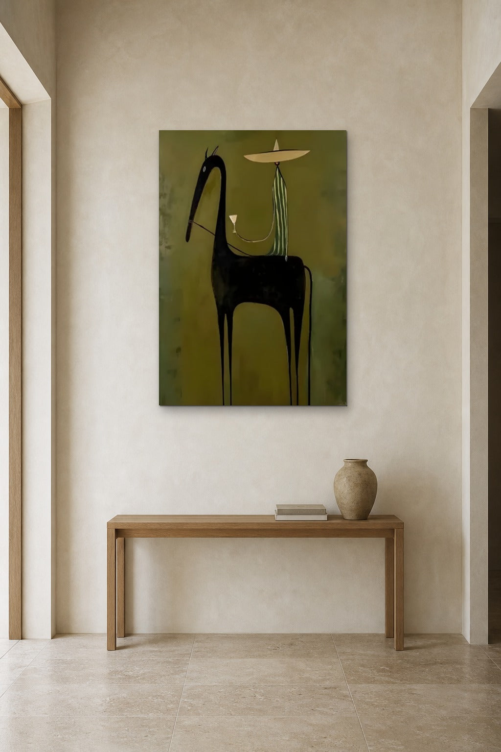 Black Horse with Rider shown at 90 × 140 cm above a 140 cm oak console