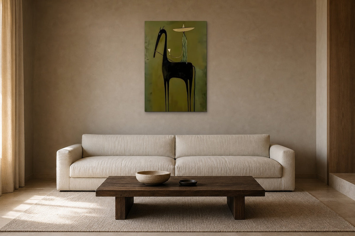 Black Horse with Rider shown at 60 × 80 cm above a 230 cm linen sofa