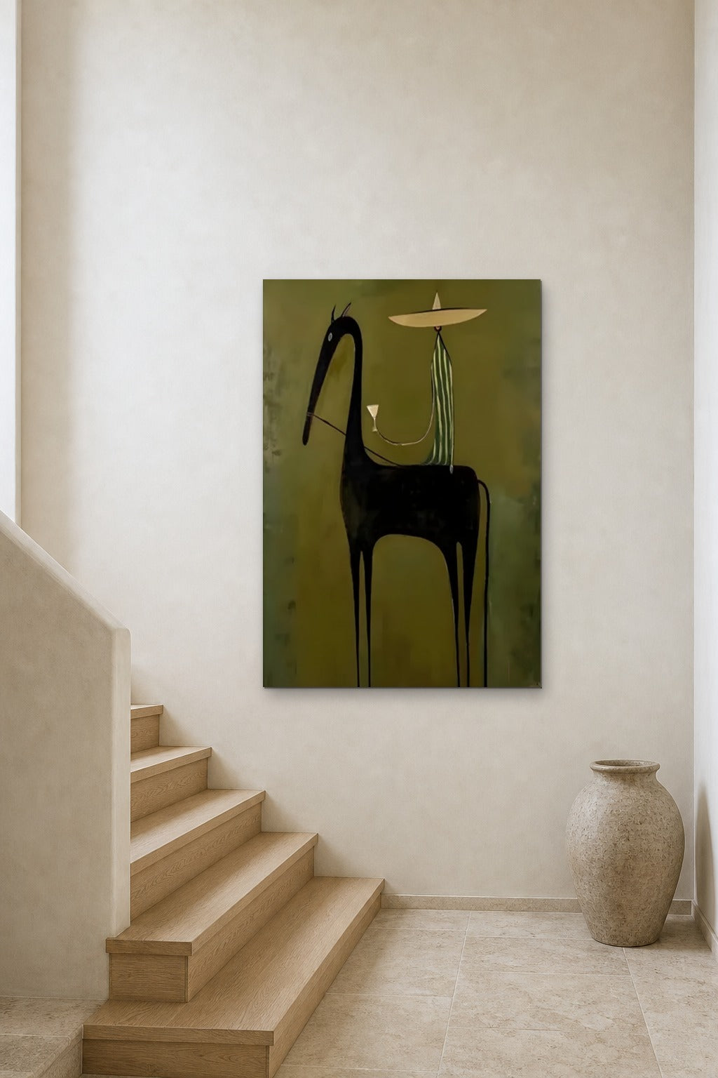 Black Horse with Rider shown at 90 × 140 cm above a stair landing