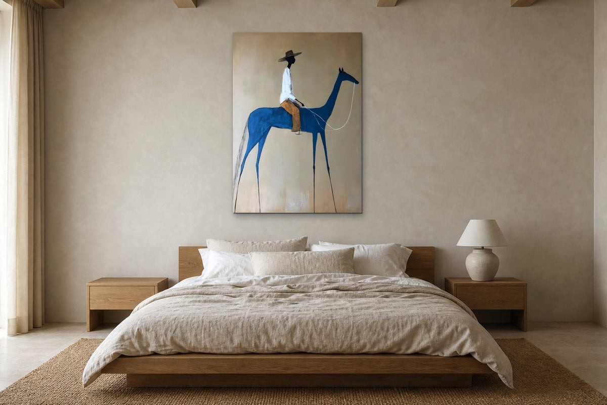The Blue Horse shown at 100 × 150 cm above a 180 cm oak bed