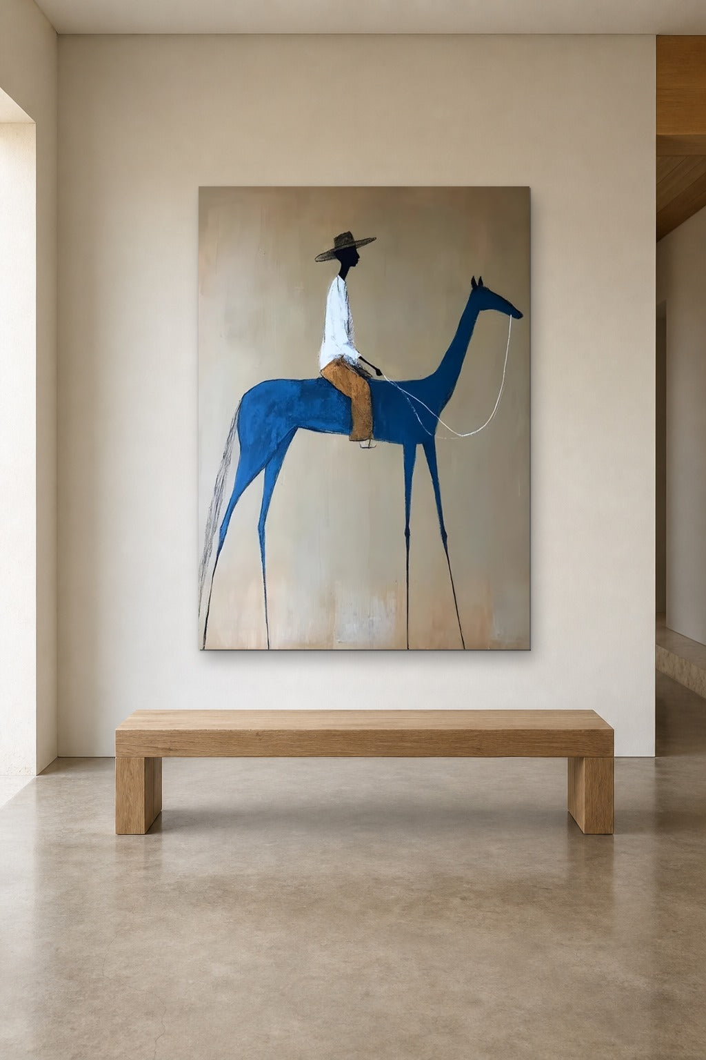 The Blue Horse shown at 120 × 180 cm above a 180 cm oak bench