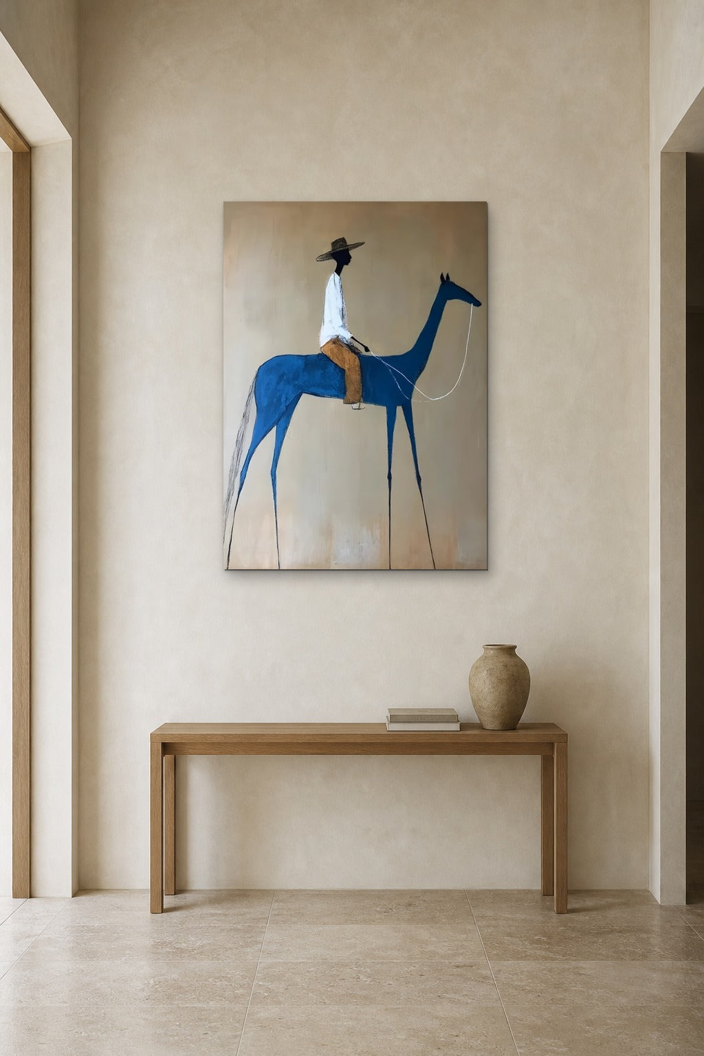 The Blue Horse shown at 90 × 120 cm above a 140 cm oak console