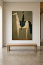 Rider in Green shown at 120 × 160 cm above a 180 cm oak bench