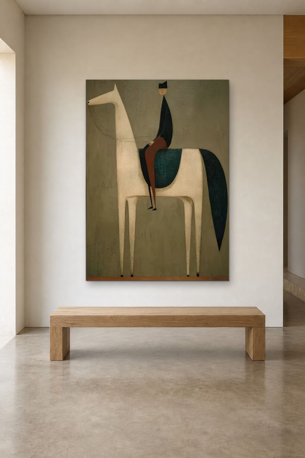 Rider in Green shown at 120 × 160 cm above a 180 cm oak bench