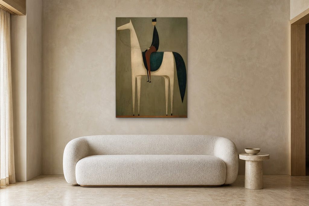 Rider in Green shown at 90 × 120 cm above a 220 cm boucle sofa