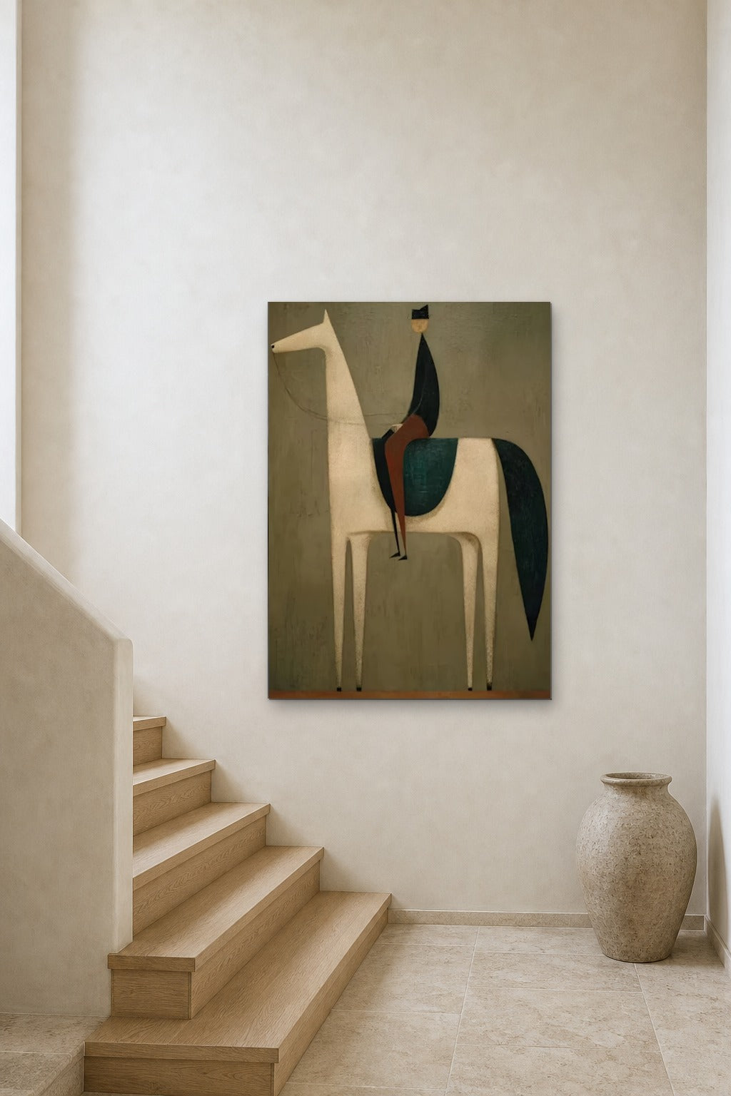 Rider in Green shown at 90 × 120 cm above a stair landing