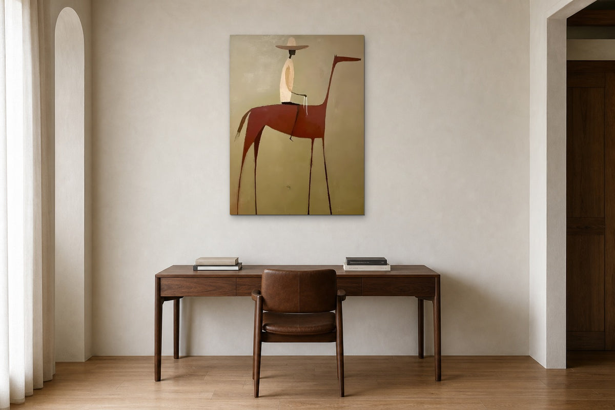 The Red Horse shown at 75 × 100 cm above a 160 cm walnut desk